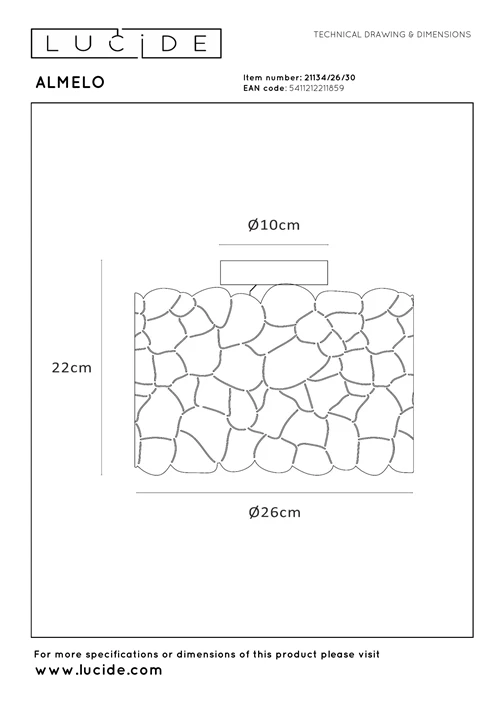 Lucide ALMELO - Plafonnier - Ø 25,5 cm - 1xE27 - Noir - technique